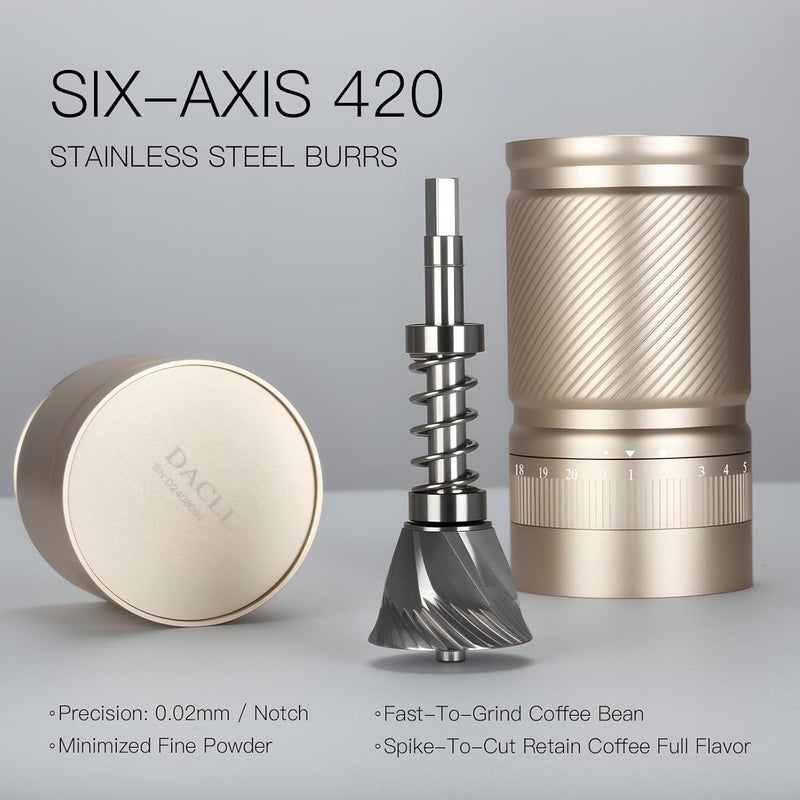 DACLL Manual Coffee Grinder with Numerical External Adjustable Setting, Capacity 30g with CNC Stainless Steel Conical Burr (gold) - Image 3